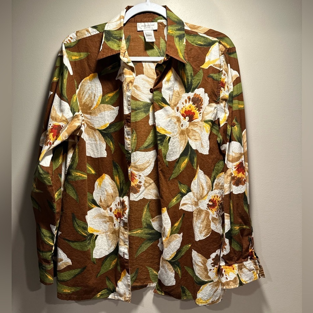 Jones New York SPORT 100% Cotton Floral Tropical Long Sleeve Button Top M - Picture 6 of 16